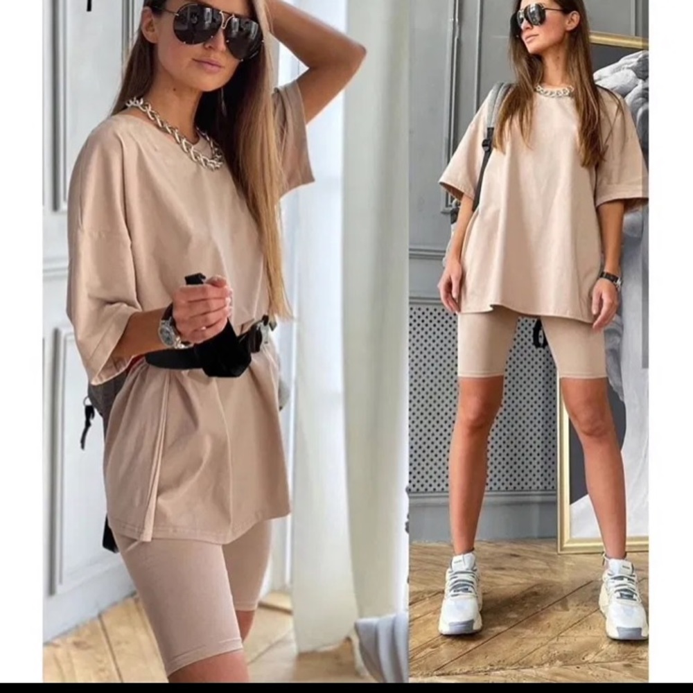 Beige Tee + Biker Short Set - Picture 2 of 2